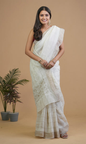 Ivory Monga Silk Saree With Tissue Border.