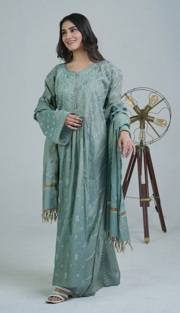 Aaparya Hand Embroidered Tissue Semi-Stitched Kurta Dupatta Set