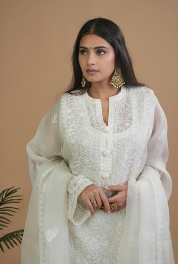 Aaparya Hand Embroidered Off-White Semi-Stitched Organza Kurta Dupatta Set
