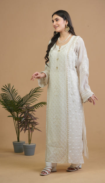 Aaparya Hand Embroidered Mal Chanderi Semi-Stiched Kurta Dupatta