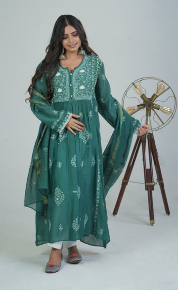 Aaparya Hand Embroidered Mal Chanderi Hunter Green Semi-Stitched Nayara Cut Kurta Dupatta