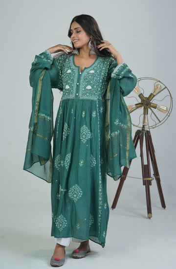 Mul Chanderi Semi-Stitch Kurta Dupatta Set