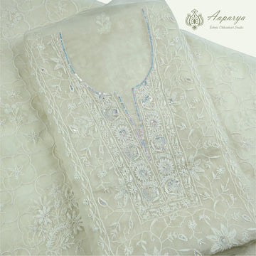 Aaparya Hand Embroidered Off White Pure Organza Suit with Heavy Pearl Work Dupatta