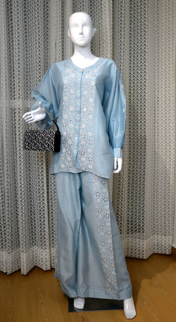 Aaparya Hand Embroidered Sky Blue Chanderi Semi-Stitched Co-Ord Set.