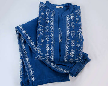 Aaparya Hand Embroidered Royal Blue Chanderi Lucknowi Chikankari Semi-Stitched Co-Ord Set