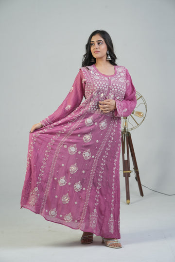 Aaparya Hand Embroidered Mal Chanderi Semi-Stitched Anarkali With Dupatta