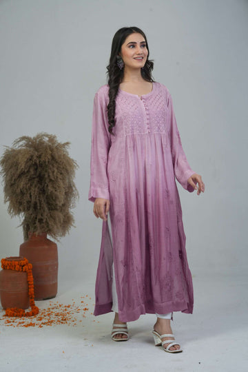 Aaparya Hand Embroidered Muslin Ombre Nayara Cut Long Kurti