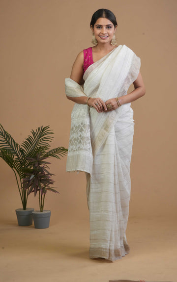 Aaparya Hand Embroidered Monga Silk Saree With Tissue Border.