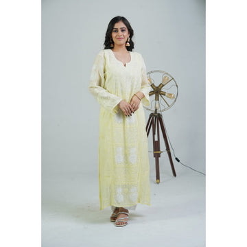 Aaparya Hand Embroridery Lemon Chanderi Semi-Stitched Kurta Dupatta