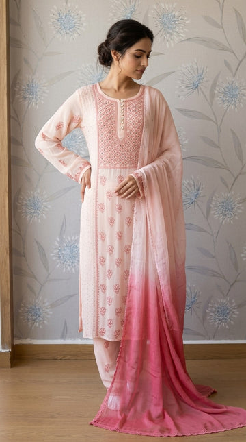 PEACH GEORGETTE CHIKANKARI SUIT