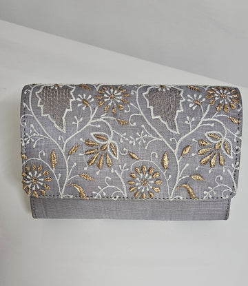 Aaparya Hand Embroidered Silk Clutch Grey Color