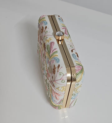 Aaparya Hand Embroidered Silk Clutch White Color