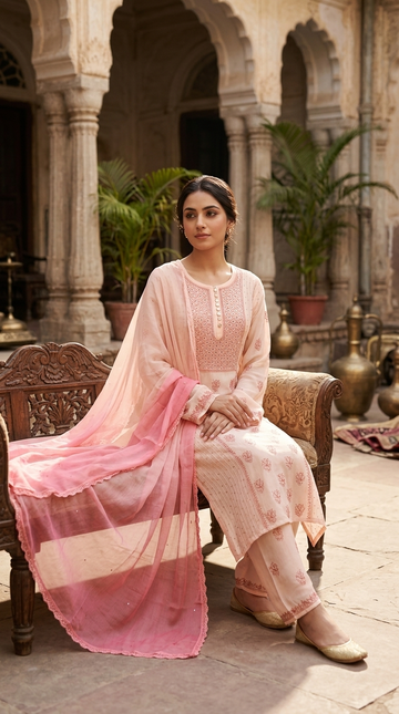 PEACH GEORGETTE CHIKANKARI SUIT