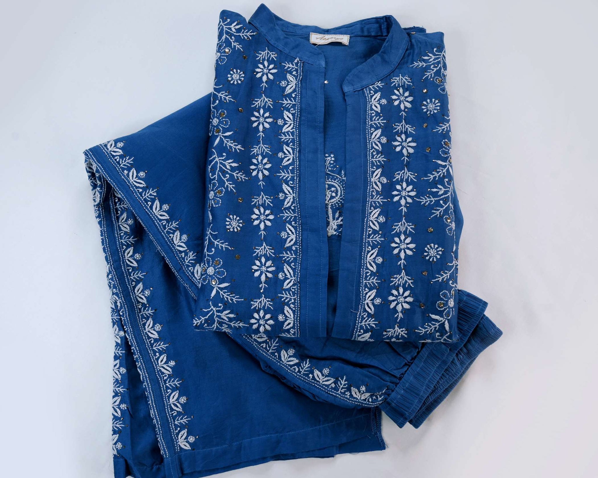 Aaparya Hand Embroidered Royal Blue Chanderi Lucknowi Chikankari Semi-Stitched Co-Ord Set