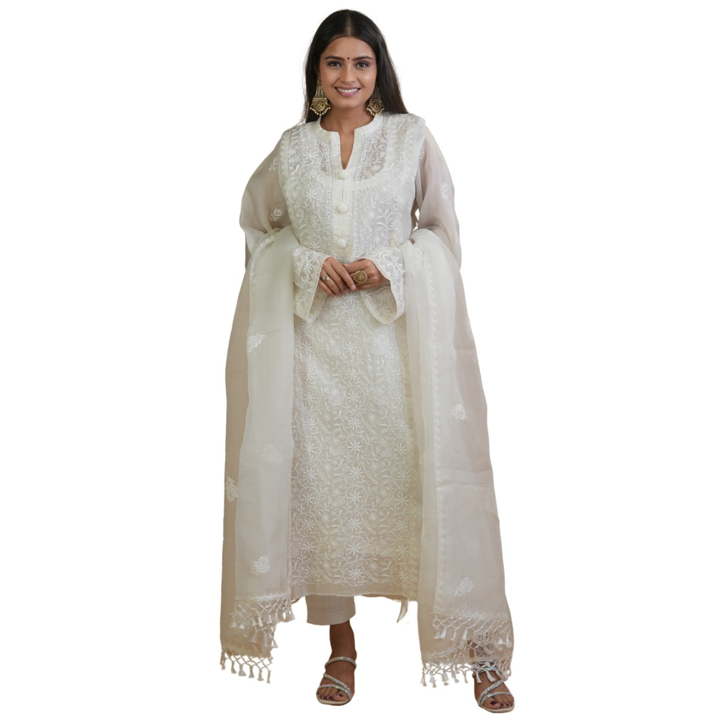 Aaparya Hand Embroidered Off-White Semi-Stitched Organza Kurta Dupatta Set