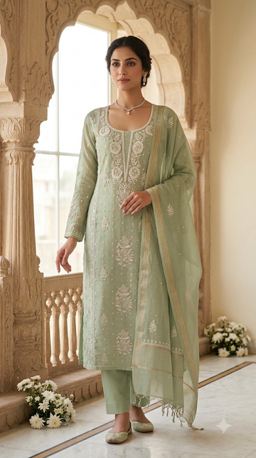 BANARASI CHANDERI SEMI STITCHED SUIT