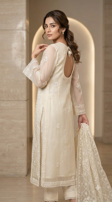 AAPARYA HAND EMBROIDERED PURE ORGANZA SUIT WITH HEAVY PEARL WORK DUPATTA